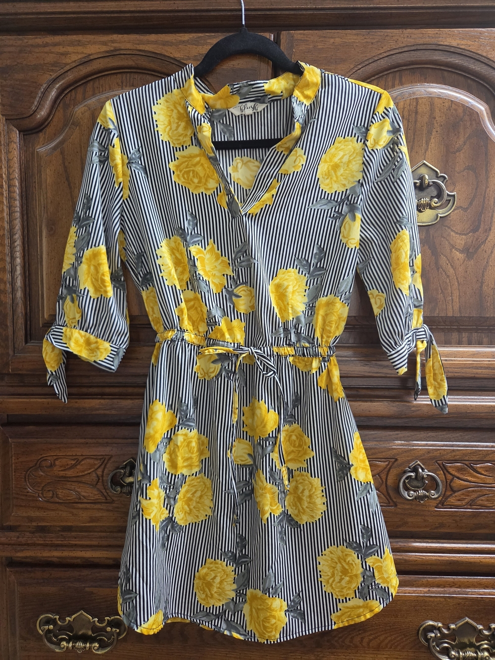 Striped Black & White Mini Dress with Yellow Floral Print